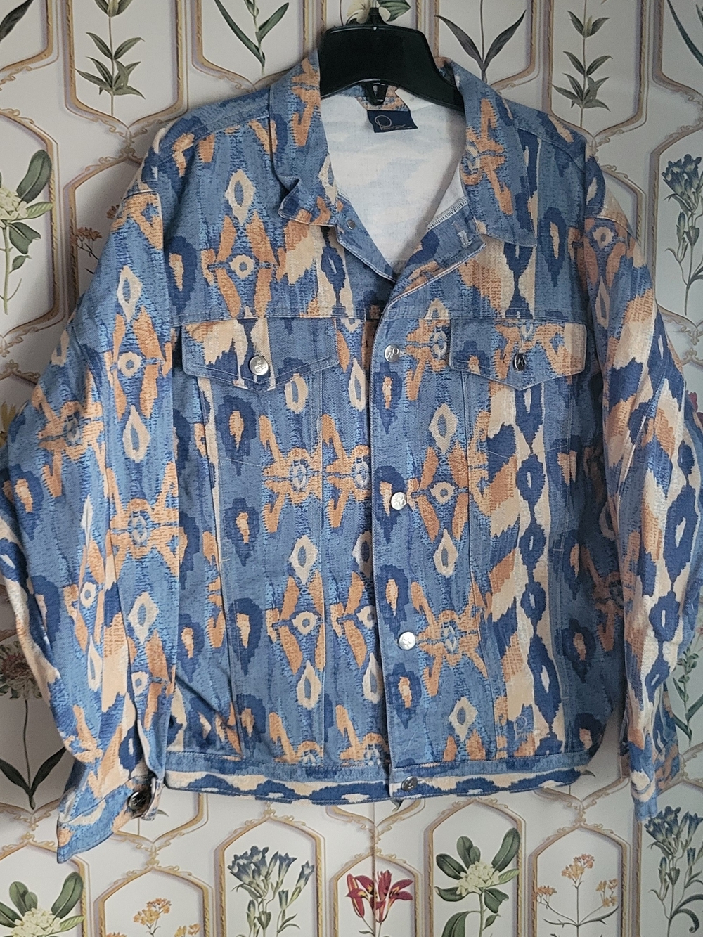 Patrick X 90s Reto Demin Blue & Tan Patterned Woman Jacket 100% Cotton